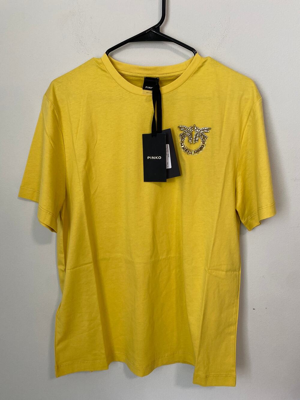 NWT PINKO Strepitoso Crystal Love Birds Logo T-Shirt Yellow M